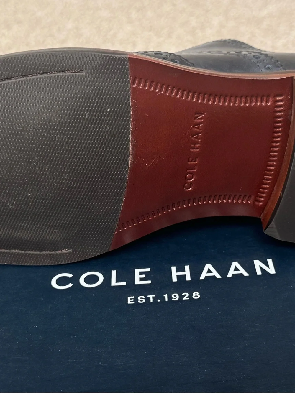 Cole Haan Navy Brogue Derby with Brown Stacked Sole